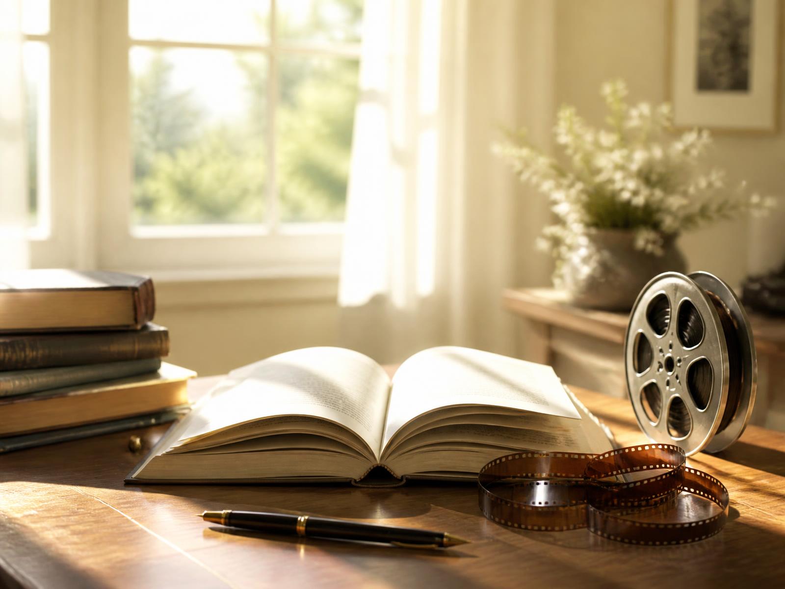 Bureau lumineux : un livre ouvert, une bobine et une pellicule de cinéma
